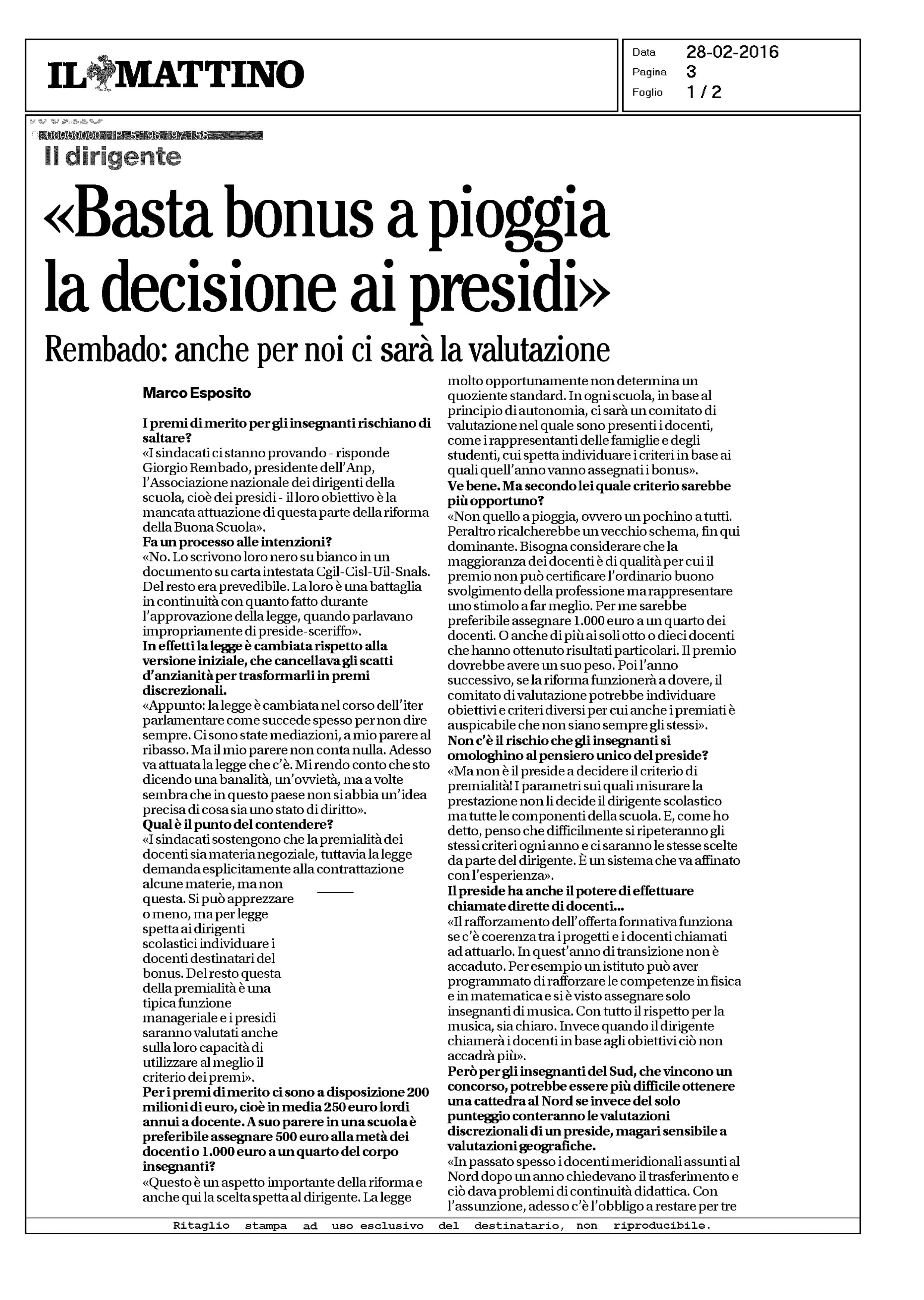 Intervista a Rembado Il Mattino 28 febbraio 2016, pag.1